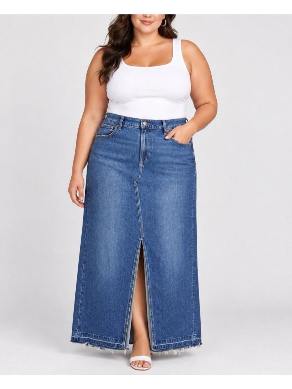 Gap Denim Maxi Skirt Womens Size 18/34 Medium Indigo Front Slit Raw Hem 711766